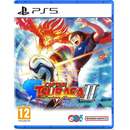 A PlayStation 5 game case showing a close-up profile of Tsubasa Ozora smiling confidently with a stadium crowd and brilliant spotlight beams blurred in the background
