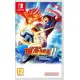 A Nintendo Switch game case displaying an intense anime football match with multiple characters leaping into the air to contest a fiery aerial ball