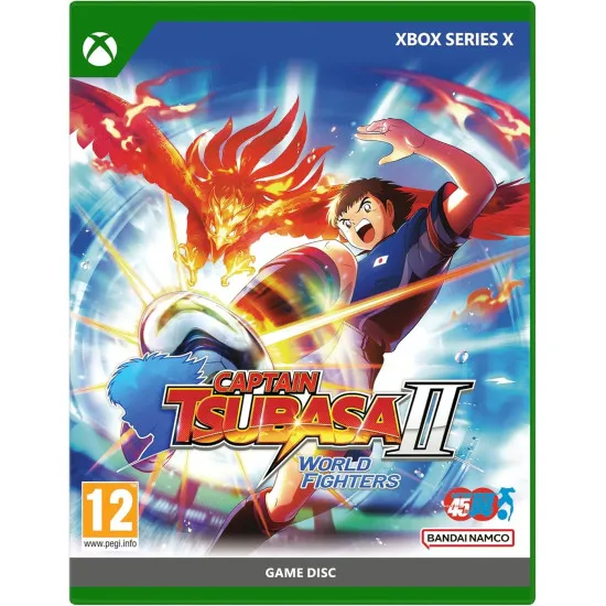 An Xbox Series X game case showing anime footballer Tsubasa Ozora executing a powerful glowing strike on a football with dramatic lightning streaks across the stadium