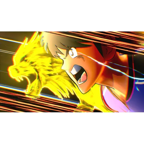 A Nintendo Switch game case displaying an intense anime football match with multiple characters leaping into the air to contest a fiery aerial ball