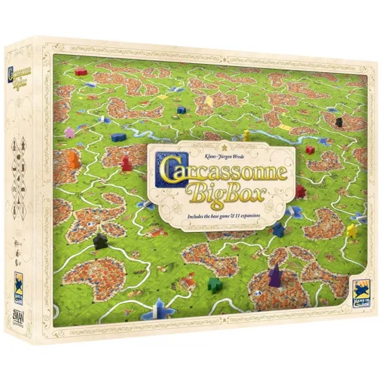 Carcassonne Big Box 2025 board game box featuring classic medieval landscape tile artwork with all expansions included