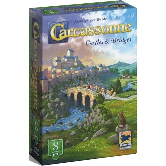 Carcassonne Castles & Bridges Expansion box showing bridge pieces connecting roads and meeple farmers near a barn