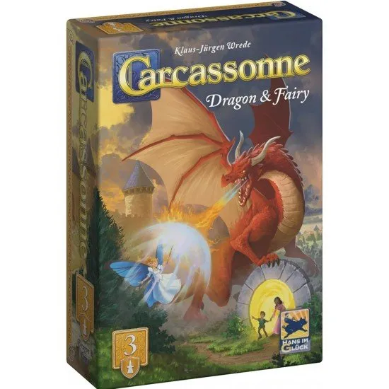 Carcassonne Dragon & Fairy Expansion box showing the dragon meeple and a fairy token on the map