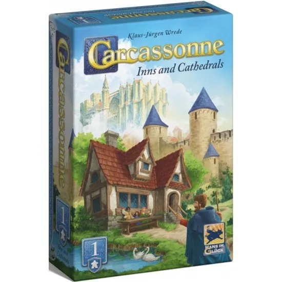 Carcassonne Inns & Cathedrals Expansion box showing the large meeple and new road/city tiles