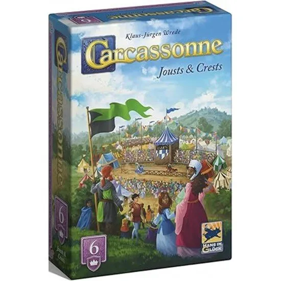 Carcassonne Jousts & Crests Expansion box showing tournament grounds, prizes, and champions