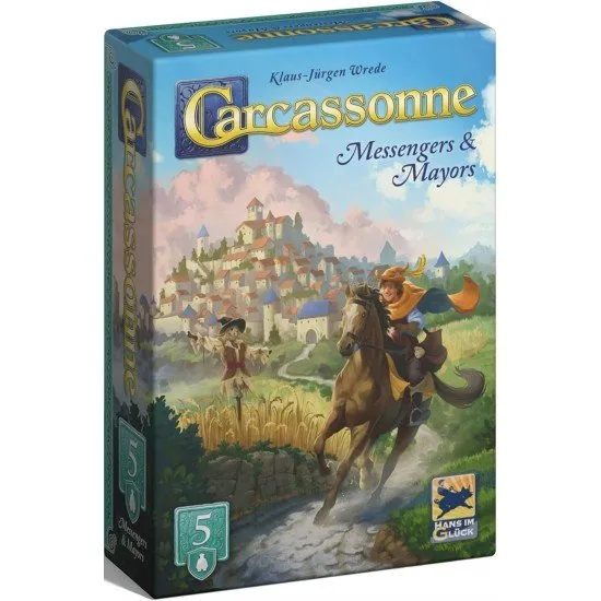 Carcassonne Messenger & Mayor Expansion box showing the mayor, messenger, and scarecrow meeples
