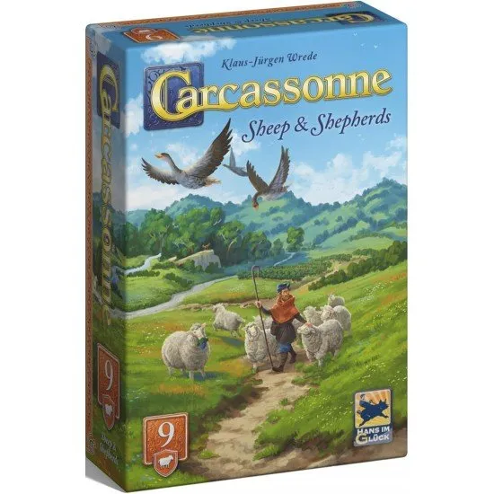 Carcassonne Sheep & Shepherds Expansion box showing a shepherd meeple, sheep tokens, and a wolf token on a vineyard tile