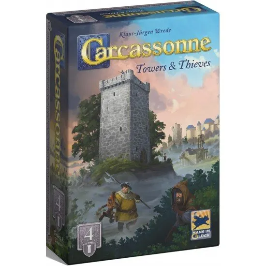 Carcassonne Towers & Thieves Expansion box showing meeple watchmen on tall, stacked towers