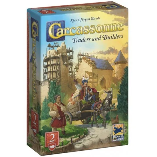 Carcassonne Traders & Builders Expansion box showing the builder and pig meeples and trade goods tokens