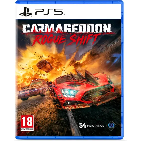 PlayStation 5 game case for Carmageddon Rogue Shift featuring an armored vehicle smashing through zombies in a dystopian city