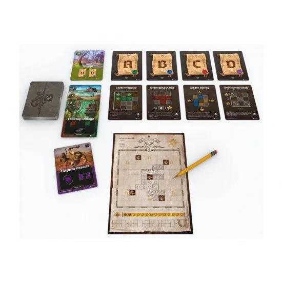 A map sheet filled with colourful hand-drawn shapes representing forests, water, and villages alongside scoring cards