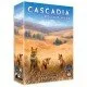 Colourful dice featuring animal icons alongside illustrated habitat sheets and cards depicting the rolling hills of Cascadia