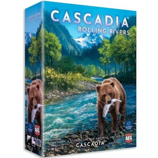 Illustrated habitat cards featuring salmon and bears alongside blue dice and landscape environment sheets