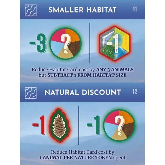 Illustrated habitat cards featuring salmon and bears alongside blue dice and landscape environment sheets