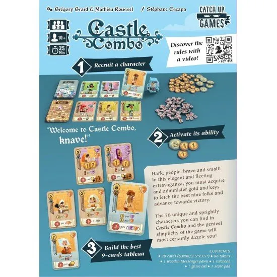 The box art for the Castle Combo board game, showing character cards arranged in a 3x3 grid, along with coins, keys, and other game components.
