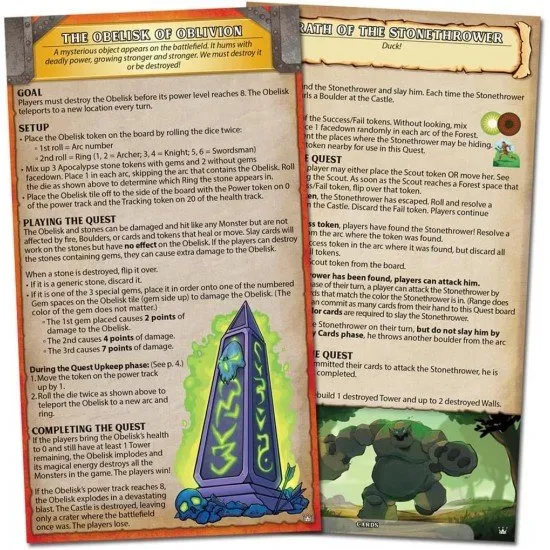 Castle Panic Crowns and Quests expansion box featuring King Aiden, Queen Seraphina and Castle Bravehold defenders artwork