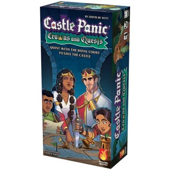 Castle Panic Crowns and Quests expansion box featuring King Aiden, Queen Seraphina and Castle Bravehold defenders artwork