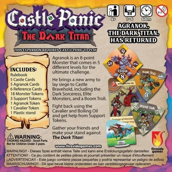 Castle Panic The Dark Titan expansion box showing the 8-point monster Agranok and the new Cavalier unit