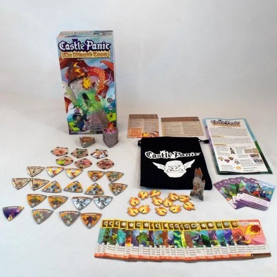 Castle Panic Wizard's Tower 2nd edition expansion box featuring wizard, dragon and monster artwork