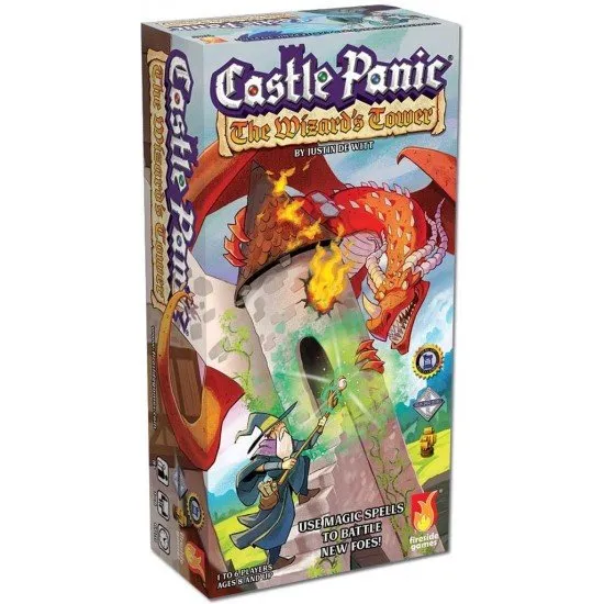 Castle Panic Wizard's Tower 2nd edition expansion box featuring wizard, dragon and monster artwork