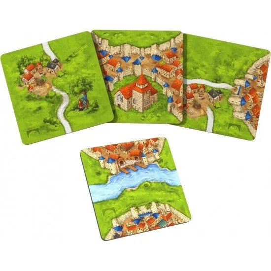 Carcassonne Castles & Bridges Expansion box showing bridge pieces connecting roads and meeple farmers near a barn