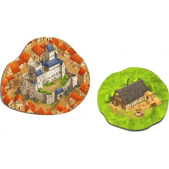 Carcassonne Castles & Bridges Expansion box showing bridge pieces connecting roads and meeple farmers near a barn