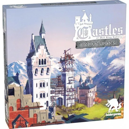 A collection of colourful new room tiles, moat pieces, and swan tokens spread out for the Castles of Mad King Ludwig board game