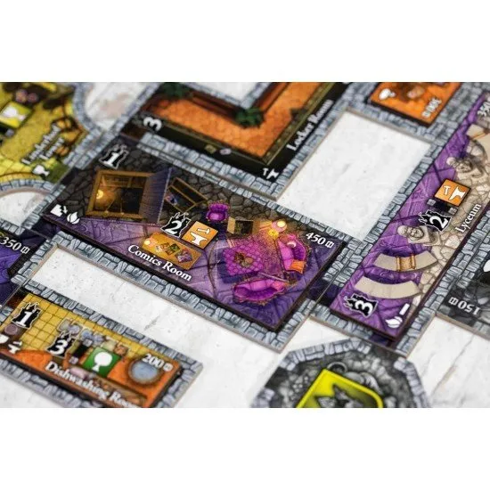 A collection of colourful new room tiles, moat pieces, and swan tokens spread out for the Castles of Mad King Ludwig board game