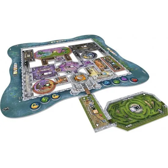 A collection of colourful new room tiles, moat pieces, and swan tokens spread out for the Castles of Mad King Ludwig board game