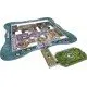 A collection of colourful new room tiles, moat pieces, and swan tokens spread out for the Castles of Mad King Ludwig board game