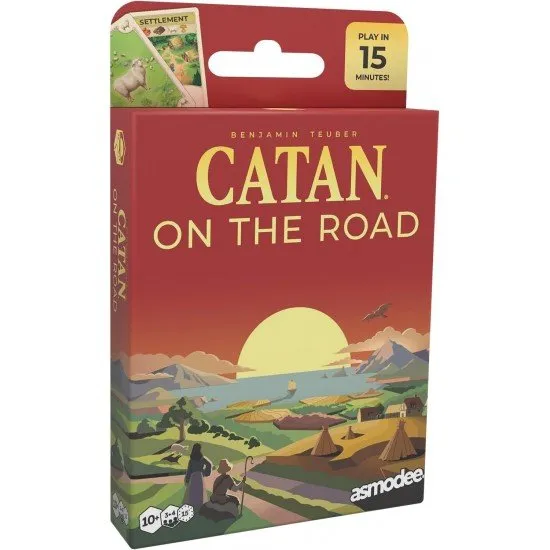Catan: On the Road card game box on a flat surface
