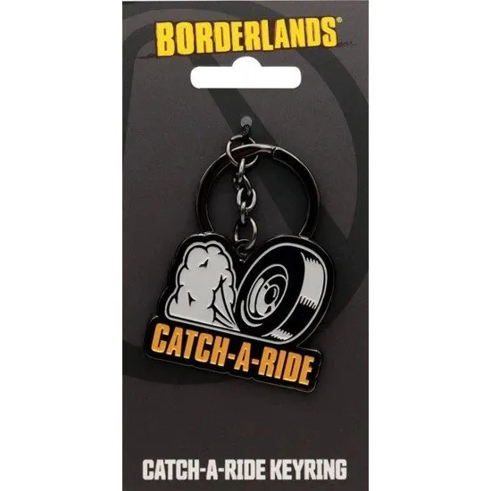 Metal keyring featuring a screeching tyre with smoke trail and Catch-A-Ride branding