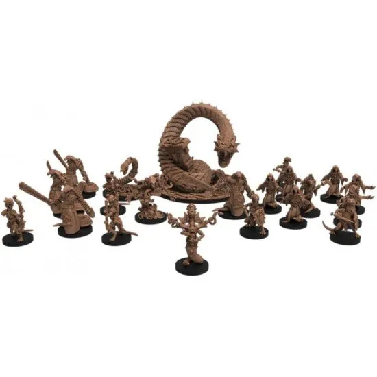 Epic Encounters Chamber of the Serpent Folk The box art for the Epic Encounters: Chamber of the Serpent Folk set, showing various detailed snake-like miniatures on a game mat.