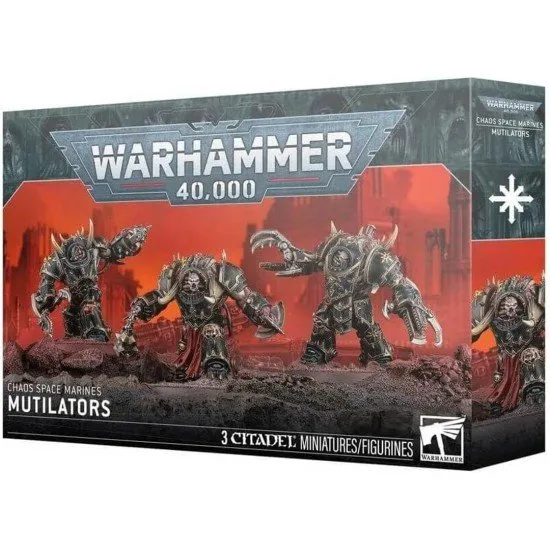 Three heavily mutated Chaos Space Marine Mutilators clad in twisted Terminator armour with arms morphing into massive power claws and spiked maces