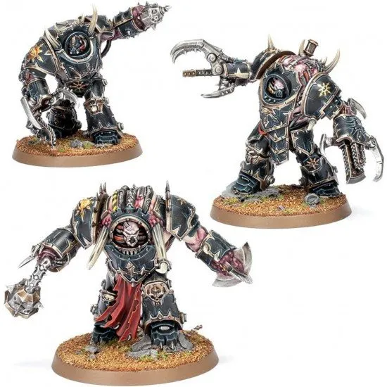 Three heavily mutated Chaos Space Marine Mutilators clad in twisted Terminator armour with arms morphing into massive power claws and spiked maces