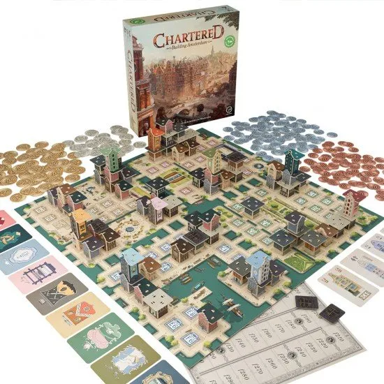 Chartered Building Amsterdam board game box featuring 17th century Amsterdam merchant city artwork