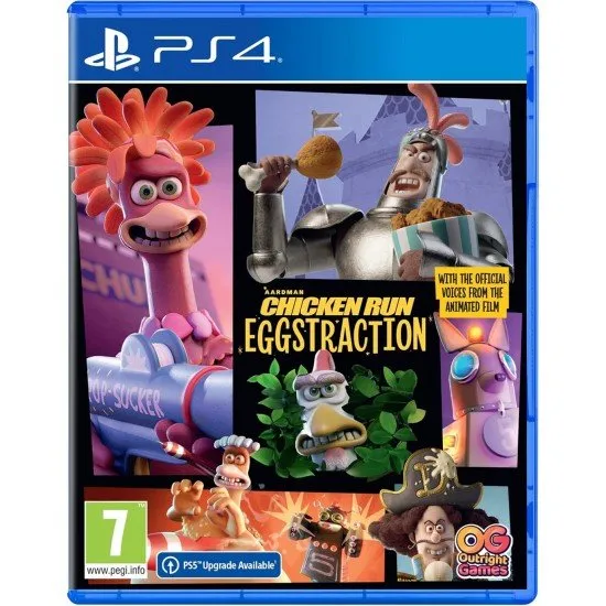 Chicken Run Eggstraction PS4 The box art for the game Chicken Run Eggstraction on PlayStation 4, showing Molly, Rocky, and other chickens mid-escape in a chaotic scene.