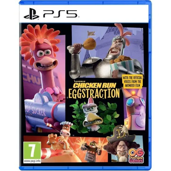 Chicken Run Eggstraction PS5 The box art for the game Chicken Run Eggstraction on PlayStation 5, showing Molly, Rocky, and other chickens mid-escape in a chaotic scene.