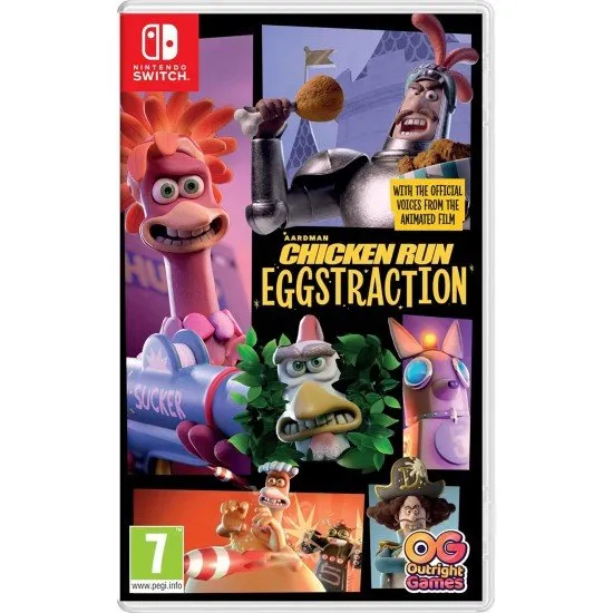 Chicken Run Eggstraction Switch The box art for the game Chicken Run Eggstraction on Nintendo Switch, showing Molly, Rocky, and other chickens mid-escape in a chaotic scene.