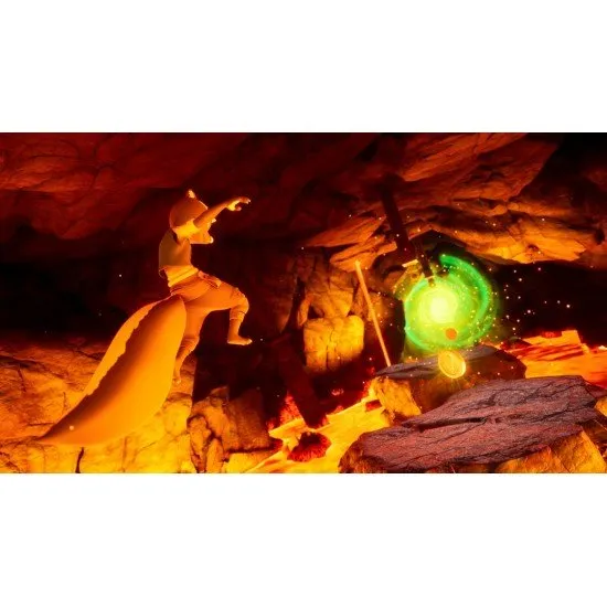 Chickenhare and his companions exploring a shadowy cave with colourful crystals glowing in the distance