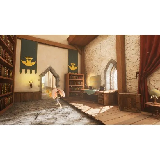 Chickenhare and his companions exploring a shadowy cave with colourful crystals glowing in the distance