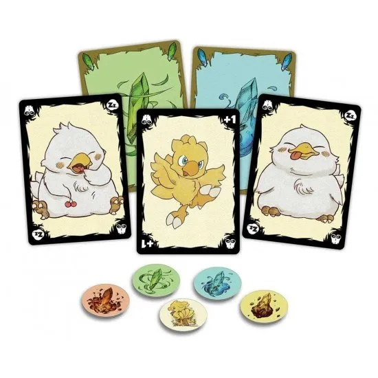 Chocobo themed playing cards featuring various monsters and crystals spread across a table