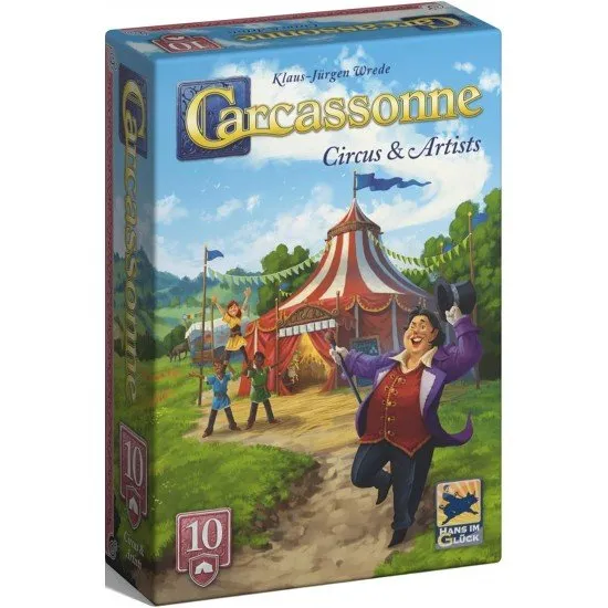 Carcassonne Circus & Artist Expansion box showing meeples stacked as an artist pyramid near a big top