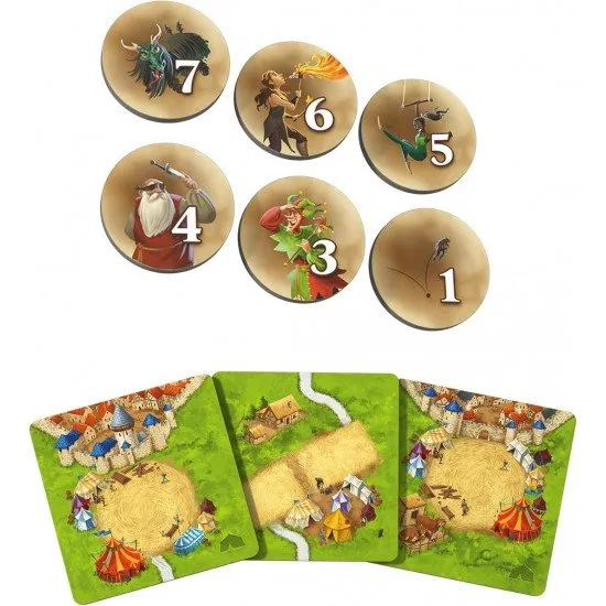 Carcassonne Circus & Artist Expansion box showing meeples stacked as an artist pyramid near a big top
