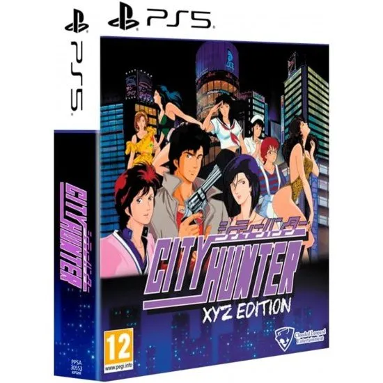 A PlayStation 5 game case showcasing vintage 90s style anime illustrations of Ryo Saeba and Kaori Makimura standing before a stylized Shinjuku cityscape