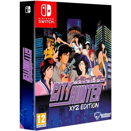 A Nintendo Switch game case featuring sleek retro anime artwork of the charismatic sweeper Ryo Saeba holding his signature revolver against a neon Tokyo backdrop
