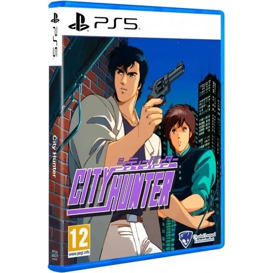 A PlayStation 5 game case showcasing vintage 90s style anime illustrations of Ryo Saeba and Kaori Makimura standing before a stylized Shinjuku cityscape