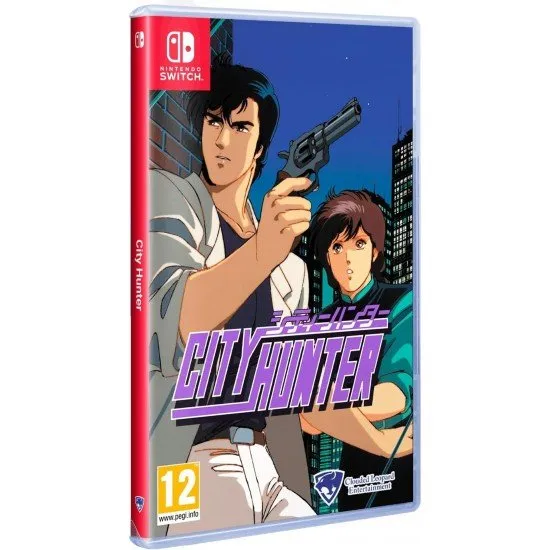 A Nintendo Switch game case featuring sleek retro anime artwork of the charismatic sweeper Ryo Saeba holding his signature revolver against a neon Tokyo backdrop