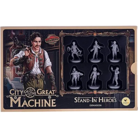 A collection of six detailed plastic miniatures and character cards for the City of the Great Machine expansion