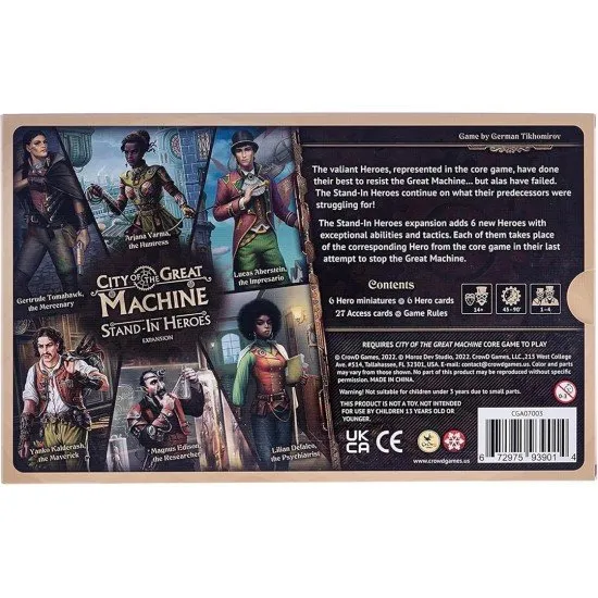 A collection of six detailed plastic miniatures and character cards for the City of the Great Machine expansion